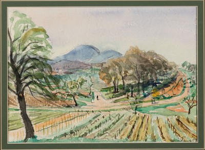 Hermann Jürgens, 1914 Heidelberg-1967 Godramstein, 2 Aquarelle, Parklandschaft undPfälzer Rebenlandschaft (1955), je signiert, unter Glas je 40x50 ...