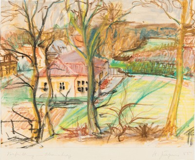 Hermann Jürgens, 1914 Heidelberg-1967 Godramstein, Kreidezeichnung, "Vormittag im Altenberg" signiert und datiert 1955, unter PPund Glas ...