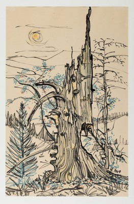 Hermann Jürgens, 1914 Heidelberg-1967 Godramstein, Buntstiftzeichnung, Baumstämme,Nachlaßstempel, unter Glas 70x50 cm; Himbeer -Stillleben, ...