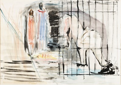 Hermann Jürgens, 1914 Heidelberg-1967 Godramstein, Aquarell, Tiger im Käfig, versoNachlaßstempel, unter PP gerahmt, 70x100 cm