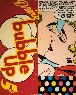 Joseph, geb. 1974, französischer Pop Art -Künstler, "bubble up", Collage, Öl/Harz aufHolz, dreiteiliger Holzbildträger vom Künstler ...