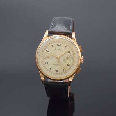 BREITLING Armbandchronograph Cadette in RG 750/000, Handaufzug, Schweiz um 1965, 3- teil. Geh. altersbed. dell., verg. Cuvette zur Armierung, Boden ...