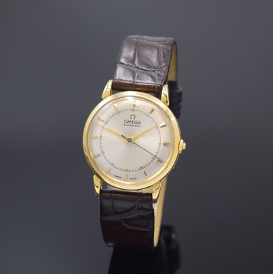 OMEGA Herrenarmbanduhr in GG 750/000 mit Hammerautomatik Referenz 2445, Schweiz um 1947, 3-teil. Geh., Boden und Glasrand aufgedr., Lederband m. ...