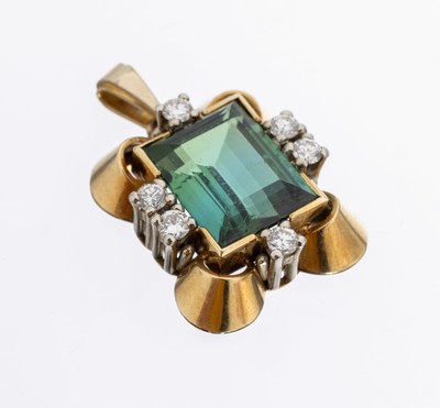 14 kt Gold Turmalin-Brillant-Anhänger, GG/WG 585/000, Turmalin-Baguette von feiner Farbe ca. 2.0 ct, 6 Brillanten zus. ca. 0.20 ct feines ...