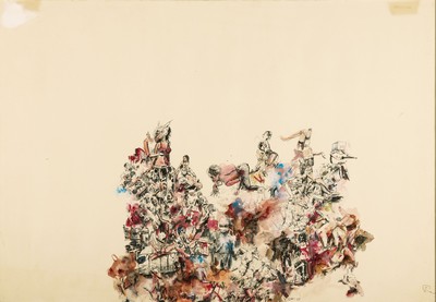 Tu Hongtao,geb. 1976, aquarellierte Tusche-Federzeichnung, signiert,oben rechts übermalte Stelle, Papier am oberen Rand mit Altersspuren, ca. 52x 75 ...