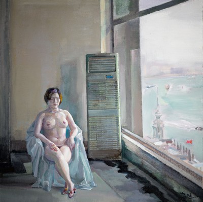 Han Xin, Frauenakt vor Fenster, mit Blick auf Shanghai,Acryl/Lwd, ca. 98 x 98 cm, Rahmen
