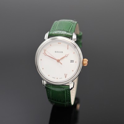 KOLLER Armbanduhr in Edelstahl Referenz 69600, Schweiz akt. Produktion, Automatik, beids. vergl. Geh., weißes Zifferblatt, gold. Std.-Ind. u. ...