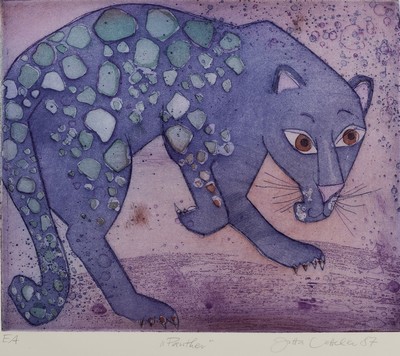 Jutta Votteler, geb. 1959 Ludwigshafen, Farbradierung, "Panther", E.A., signiert und datiert 1987, Platte 28x33 cm, unter PP 57x75 cm