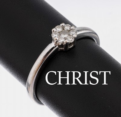 14 kt Gold CHRIST Brillant-Ring, WG 585/000, 7 Brillanten zus. ca. 0.20 ct Weiß/si, sign., ca. 2.4 g, RW 56
