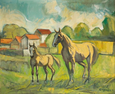 Heinz Brzoska, 1942-2015, Pferde auf der Weide, Öl/Lwd, rechts unten sign. und dat. 1972, ca. 90x110cm, R. ca. 106x126cm