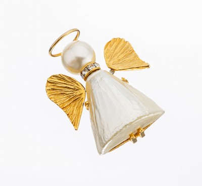 Modeschmuck-Zitterbrosche, wohl USA 1980er Jahre, in Form eines Engels, Flügel trembling, Metall vergoldet, Kopf und Körper kunstperlartig, L. ca. ...