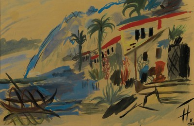 Monogrammist H, in der Art des Franz Heckendorf (1888-1962), Südliche Landschaft am Meer, Gouache auf Papier (gebräunt), Mittelbug Falte, rechts ...