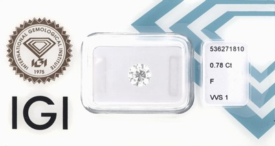 Loser Brillant 0.78 ct, feines Weiß+(F)/vvs1, eingeschweißt, IGI-Expertise