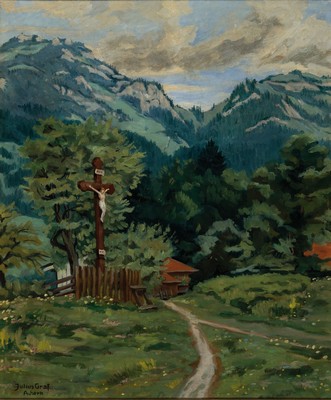 Julius Graf, 1884 Achern-1968, Wegkreuz im Gebirge, auf Rahmenschild so betitelt und dat. 1927, Öl/Lwd, links unten signiert, ca. 60x50cm, R. ca. ...