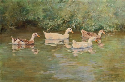 Franz Grässel, 1861 Obersasbach/Baden-1948 Emmering, Schwimmende Enten, rückseitig so betitelt, Öl/Lwd, rechts unten signiert, ca. 44x65cm, R. ca. ...