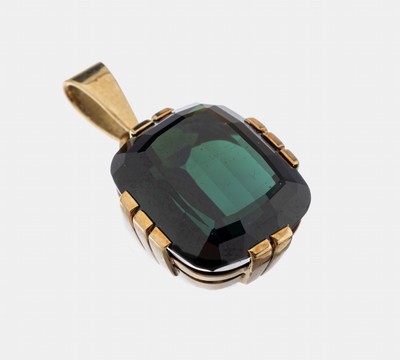 14 kt Gold Turmalin-Anhänger, GG 585/000, facett. Turmalin ca. 12.00 ct, ca. 2.5 x 1.5 cm, ca. 6.4 g, Meistermarke GK unged.