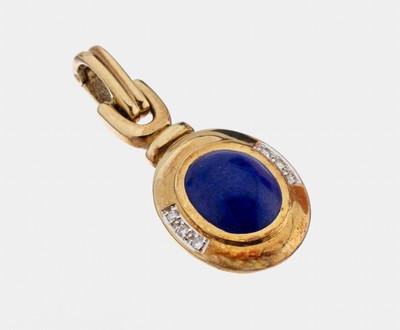 14 kt Gold Lapislazuli-Brillant-Clipanhänger, GG 585/000, mittig ovaler Lapislazuli- Cabochon, 6 Brillanten in rhod. Fassungen zus.ca. 0.06 ct ...