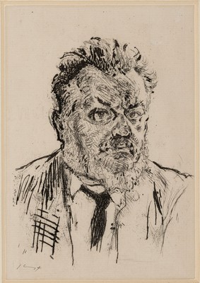 Max Slevogt, 1869 Landshut-1932 Neukastel, Selbstbildnis, Radierung, links unten sign., ca. 19x13cm, PP, u.Gl., R. ca. 39x31cm, dazu Federzeichnung ...