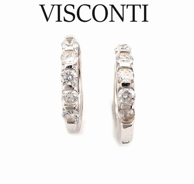 Paar 18 kt Gold Brillant-Ohrcreolen, WG 750/000, 10 Brillanten zus. ca. 1.0 ct feines Weiß-Weiß/vs, Hersteller Giorgio VISCONTI, ca. 7.5 g, ...
