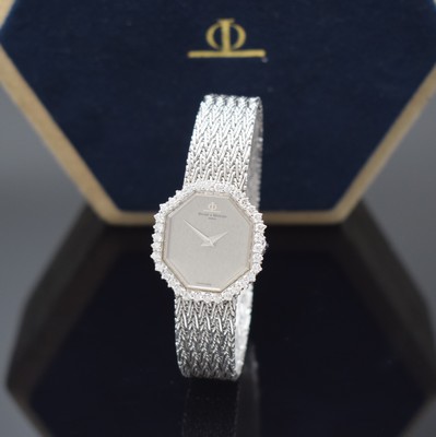 BAUME & MERCIER Damenarmbanduhr in WG 750/000 mit Diamanten, Schweiz um 1980, Handaufzug, Boden aufgedr., Lünette aufw. m. Diamanten bes., silb. ...
