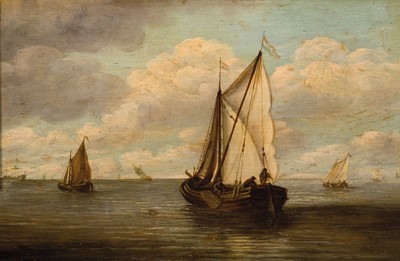 Ludolf Bakhuizen, 1630 Emden-1708 Amsterdam, holländische Fischerboote auf offener See, Schiff im Vordergrund mit drei Fischern bei der Arbeit, ...