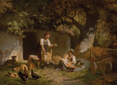 Friedrich Voltz, 1817 Nördlingen-18886 München, "ländliche Szene" so verso bez., Bauernfamilie bei Waschen hinter dem Haus, ...