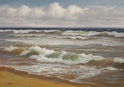 Hans Dürr, 1913-1993, maritime Landschaft, Wellen gegen den Strand brandend, links unten signiert, Öl/Lwd, Rahmen 83x111 cm