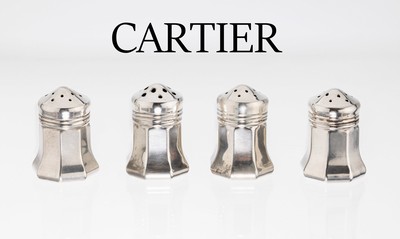Set 8 CARTIER Gewürzstreuer, 925er Silber, schlichte Gestaltung, Deckel abschraubbar, in orig. Etui mit Lager- und Gebr.-Spuren, sign.