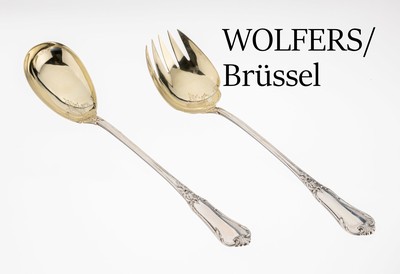 Großes Salatbesteck, 800er Silber, Hersteller WOLFERS/Brüssel, Barockstil, teilvergoldet, teilw. fein grav., L. ca. 27 cm, ca. 205 g