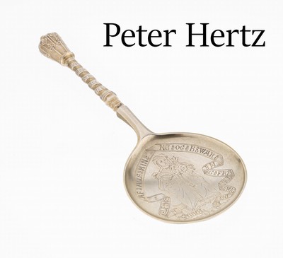 Zierlöffel, 826er Silber, Dänemark 1886, gr. Laffe, grav., Darstellung der Maria mit Jesus Kind auf dem Arm, umlaufendes Spruchband, gedrehter ...