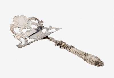 Spargelheber, deutsch um 1890-1900, 800er Silber, Barockstil, Griff gefüllt, Gebrauchsteil versilbert, floral grav., L. ca. 28 cm
