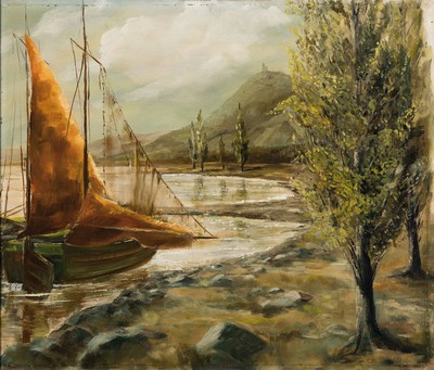 Hugo Rohleder, 1896 Wuppertal-1988 Kassel, Segelboot am Ufer, im Hintergrund eine Burg auf einem Hügel, Öl/Hartfaser, rechts unten signiert und ...
