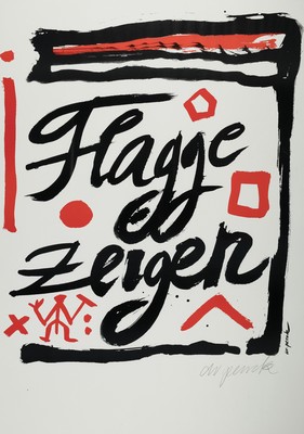 A.R. Penck, 1939 - 2017 Dresden, Farboffset ,"Flagge zeigen", 1995, handsigniert, 84 x 59.5 cm, unter Glas gerahmt