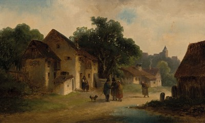 Zuschreibung: Anton Doll, 1826-1884 München, Münchener Schule, sommerliche Dorflandschaft, Anlage des Hofes im Verweis auf Heinrich Bürkel, rechts ...