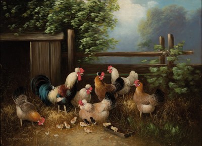 Otto Scheurer, 1862-1934 München, bedeutender Münchner Geflügelmaler, Hühnerhof,links unten signiert, Öl/Karton, Rahmen 37x49 cm