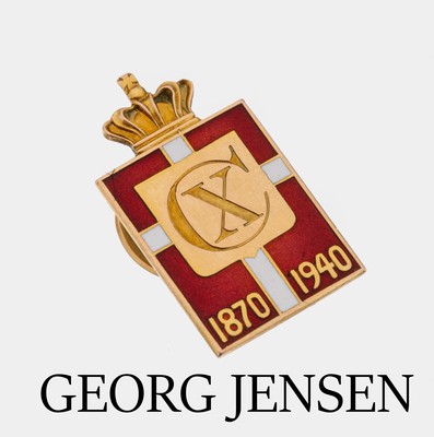 14 kt Gold GEORG JENSEN Königsabzeichen, GG585/000, Dänemark 1940-44, Dannebrog-Motiv, rot emailliert, Monogramm König Christian X., Entwurf Arno ...