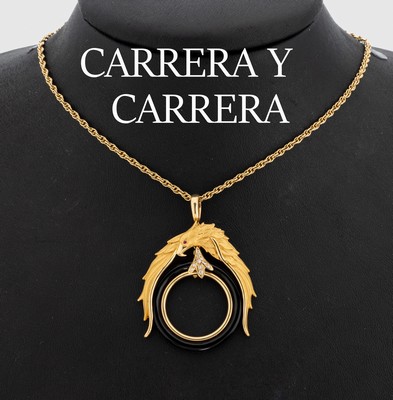 18 kt Gold CARRERA Y CARRERA Onyx-Brillant- Rubin-Anhänger, GG 750/000, Adler fein sat.und z.T. pol., Auge mit kl. Rubinbesatz ca. 0.02 ct, ...