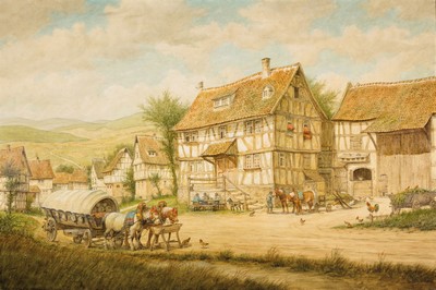 Karl Luckhardt, 1886-1970 Frankfurt am Main,Blick in ein Dorf mit Fachwerkhäusern und arbeitenden Personen, Öl/Lwd, rechts unten signiert, ca. ...