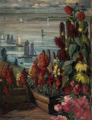 Erich Grube, 1890-1952, Berlin, Küstenlandschaft mit üppigen Blumen und Segelbooten, Öl/Lwd, links unten sign., ca. 115x88cm