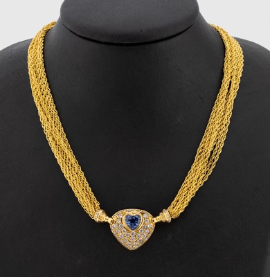 18 kt Gold Saphir-Brillant-Collier, GG 750/000, qualitätvolle Verarbeitung, 10 rhg. Kette, Mittelteil mit 1 herzf. facett. Saphir ca. 2.80 ct, 63 ...