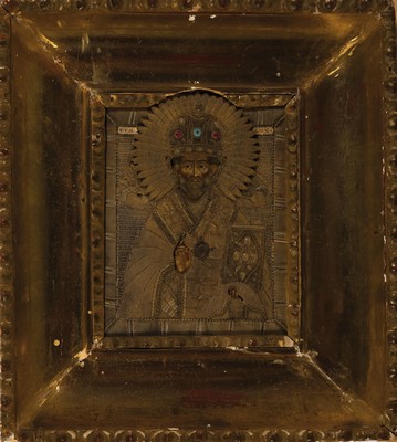 Ikone, Russland, um 1880,, Hl. Nikolaus, Eitempera/Holz, Oklad aus, Textil, goldfarbeneFäden und verg. Metallapplikationen, gestickt Krone mit ...