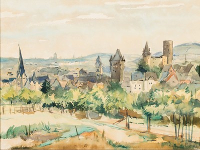 Toni Zeus, geb. 1908 Thür bei Mayen, Blick vom Jägersköpfchen auf Mayen, Aquarell auf Papier, rechts unten sign. und dat. 1984, ca. 29x39cm, ...