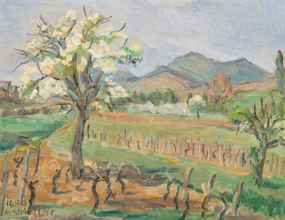 Marie Strieffler, 1917-1987 Landau, Süd-pfälzer Landschaft mit Reben und blühendem Baum, ÖL/Lwd, links unten sign. und dat. 1980, ca. 59x75cm, R. ...