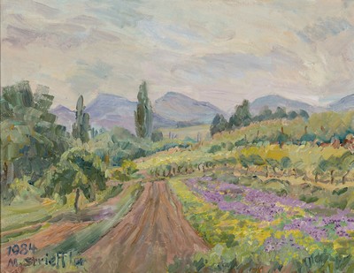 Marie Strieffler, 1917-1987 Landau, Blick auf die Haardt mit Weg und Feldblumen im Vordergrund, Öl/Lwd, links unten sign. und dat. 1984, ca. ...