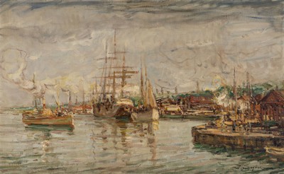 Julius Seyler, 1873-1955 München, Blick auf einen Hafen mit Dampf- und Segelboot, Öl/Lwd, rückseitig alte Etiketten Galerie Commeter Hamburg und ...