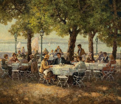 Rainer Maximilian Rudolf, geb. 1931, Belebter Biergarten am Seeufer, Öl/Lwd, rechts unten signiert, ca. 70x80cm, R. ca. 86x96cm