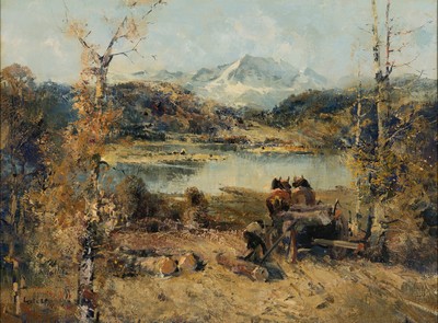 Ludwig Gschossmann, 1901 München-1988 Tagernsee, Voralpenlandschaft mit See, im Vordergrund ein zweispänniger Wagen, rückseitig bez. Starnberger ...