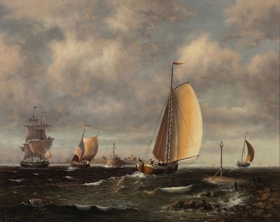 Leslie Wright, geb. 1921 Dover, Segelschiffe vor der Hafeneinfahrt, Öl/Holz, links unten sign., ca. 40x50cm, R. ca. 55x65cm