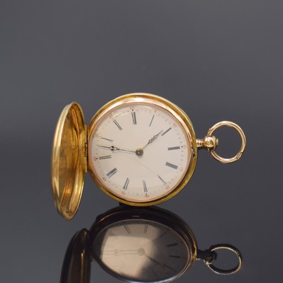 Feine Genfer Savonette Zylinder- Damentaschenuhr in GG 750/000, Schweiz um 1850, guill. 3-Deckel Goldgeh. dell., z. T. guill. Goldcuvette, ...