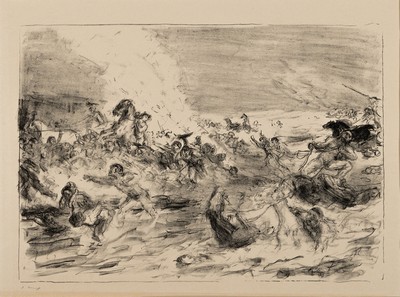 Max Slevogt, 1868 Landshut-1932 Neukastel, 3 Lithographien und ein Holzschnitt: drei Kampfszenen aus Achill, je ca. 27x38cm, Holzschnitt aus: Die ...